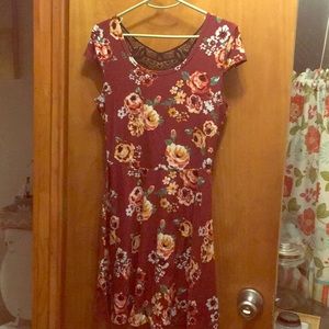 Burgundy Floral day dress with the lace back